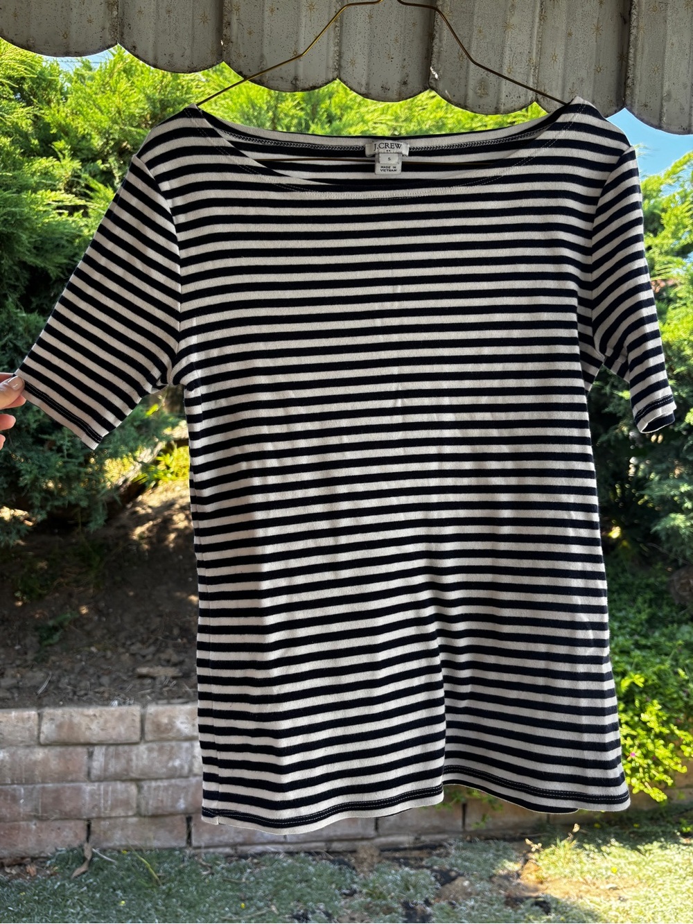 J. Crew Black and White Striped Boatneck Top